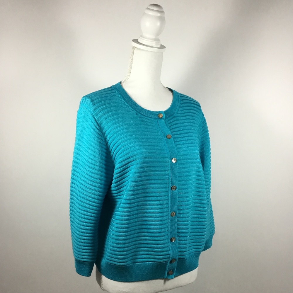 St. John Turquoise Button Up Knit Cardigan Luxury Designer Size L - Picture 2 of 7